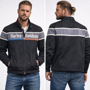 Harley Davidson Bar Jacket Men’s Medium, Lined Cotton Motorcycle Coat 2 Way Zip